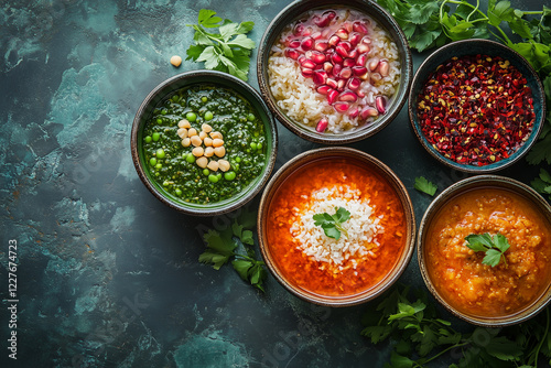 Bowls of persian cuisine featuring rice, pomegranate seeds, herbs, spices, and colorful sauces create a vibrant nowruz feast copy space photo