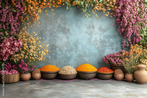 Traditional persian spices and flowers arranged for nowruz celebration, creating a vibrant and festive scene copy space photo