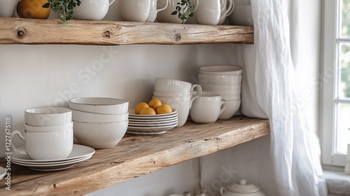 Wallpaper Mural A rustic wooden shelf displays an array of white ceramic dishes and fresh lemons, creating a cozy kitchen atmosphere Torontodigital.ca