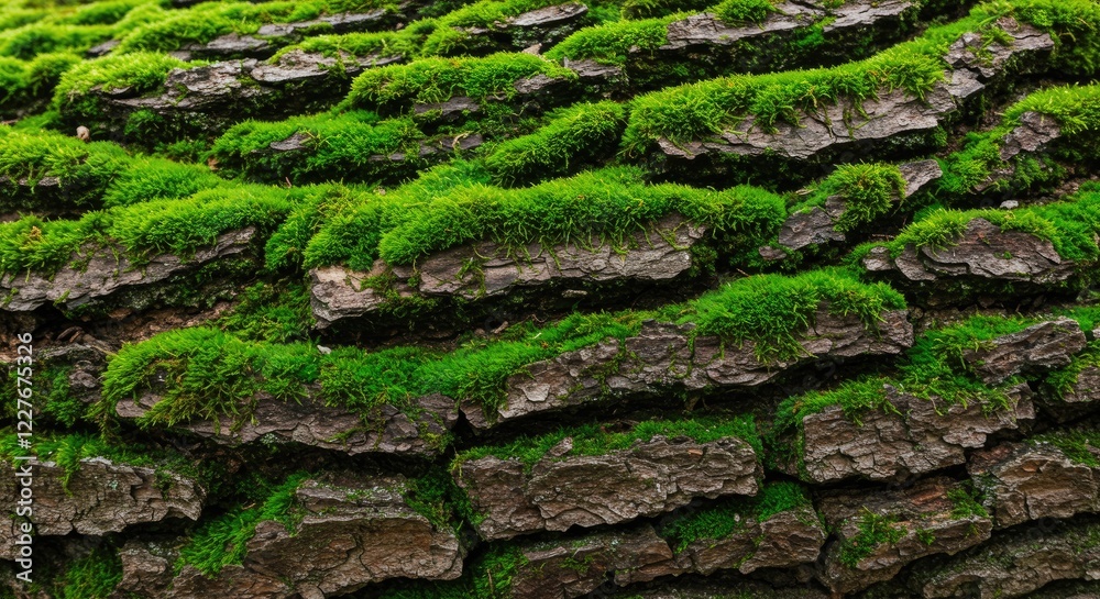 Moss-Covered Bark Texture: A detailed close-up reveals the vibrant green moss luxuriantly carpeting the textured bark of a tree, creating a captivating natural pattern. Moss-Covered Bark Texture: A detailed close-up reveals the vibrant green moss luxuriantly carpeting the textured bark of a tree, creating a captivating natural pattern.