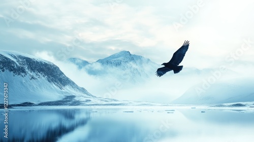 Majestic bird in flight over a serene Arctic landscape with mountains and icy waters under a cloudy sky. photo