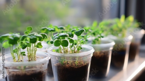 Hydroponic Growth System in Organic Farming Showcasing Healthy Seedlings in Transparent Cups photo