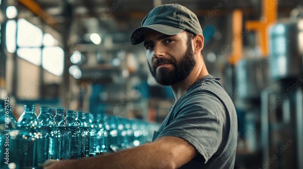Man Operating Machinery in Mineral Water Bottling Plant Man Operating Machinery in Mineral Water Bottling Plant