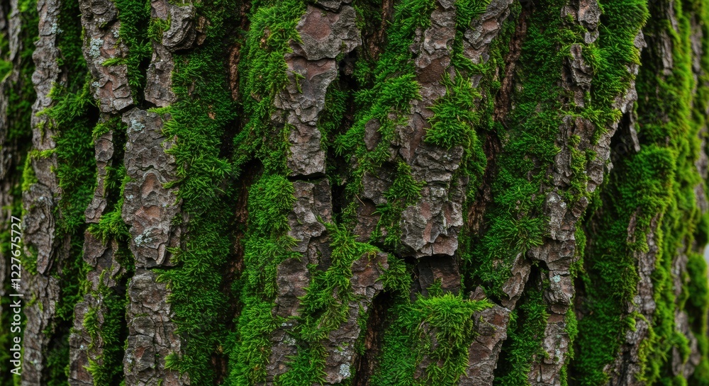 Moss-Covered Bark Texture: A close-up texture image revealing the intricate details of moss-covered bark on a tree. The green moss creates a contrast against the brown bark. Moss-Covered Bark Texture: A close-up texture image revealing the intricate details of moss-covered bark on a tree. The green moss creates a contrast against the brown bark.