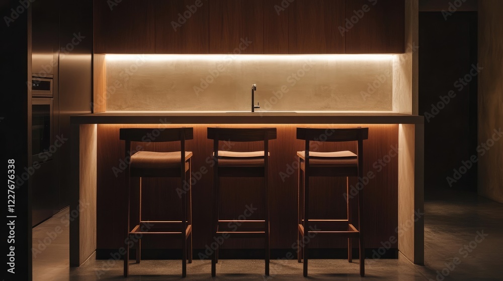 Fototapeta premium Modern Minimalist Kitchen with Wooden Bar Stools and Soft Ambient Lighting