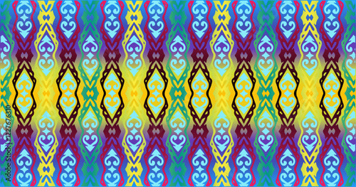 A seamless pattern featuring a combination of blue, yellow, and purple, creating a vibrant and dynamic look. This pattern gives off a modern and energetic vibe, ideal for various graphic design needs.