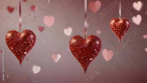 Hanging Glittering red hearts in a soft pink glow, floating gracefully against a shimmering backdrop, embodying the timeless beauty of love. photo