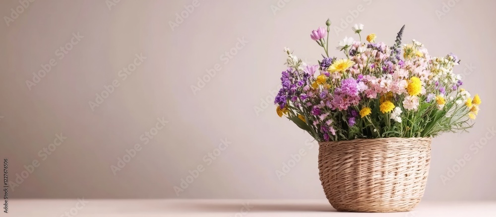 Fototapeta premium Pastel wildflower centerpiece in straw basket with empty copyspace for text showcasing spring floral arrangement and creativity