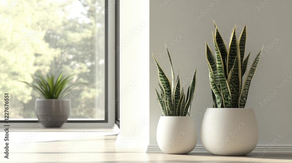 Fototapeta premium Modern minimalist interior showcasing stylish indoor plants in elegant planters with natural light streaming through large windows