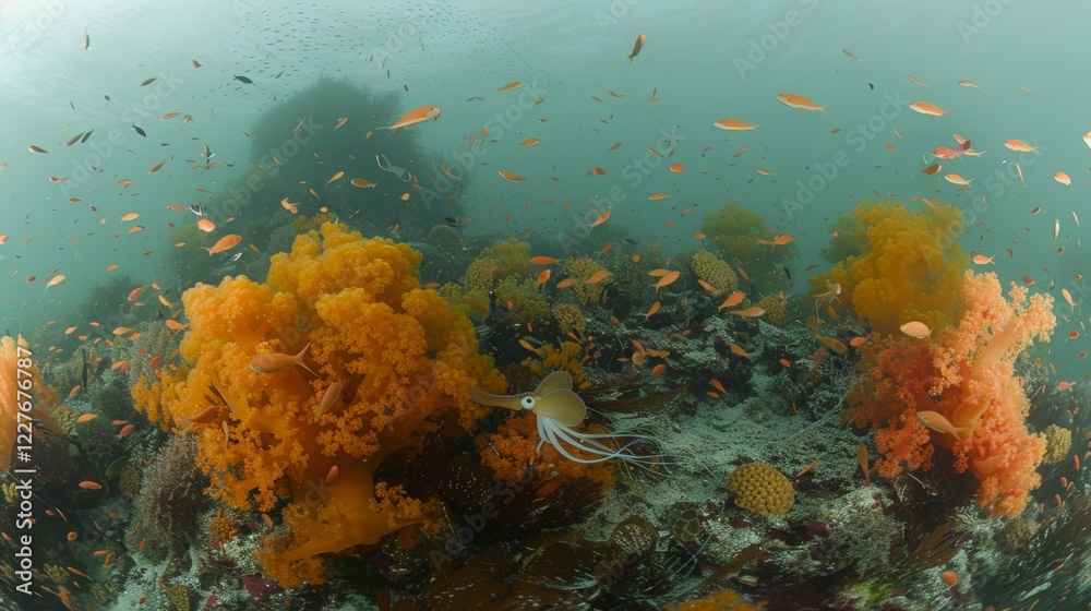 A colorful squid playfully navigating through a lively coral reef with diverse marine life A colorful squid playfully navigating through a lively coral reef with diverse marine life