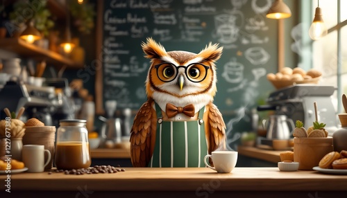 A wise owl barista with glasses and a bow tie serves coffee, conveying warmth and expertise, suitable for cafe promotions, children's books, and social media posts. photo