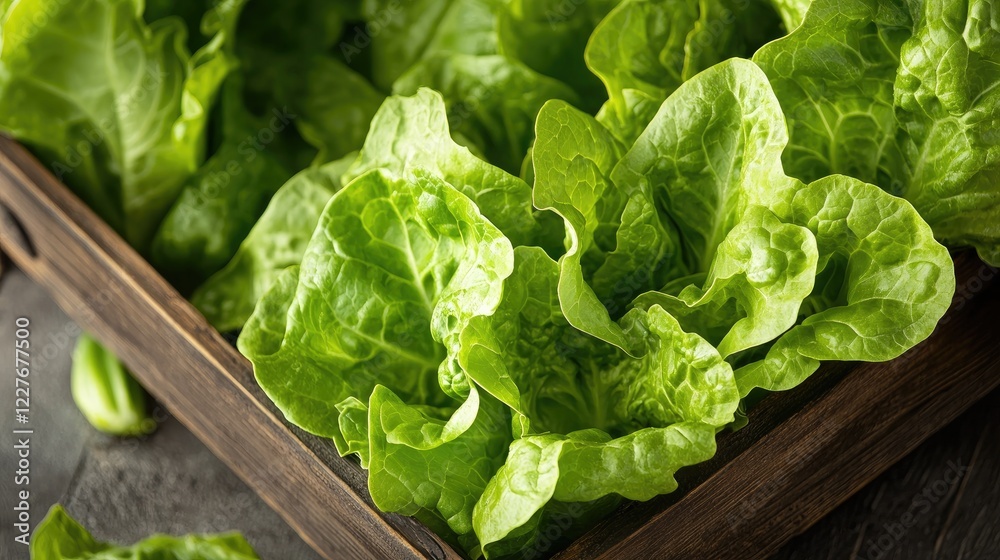 Fresh Organic Romaine Lettuce Leaves in Wooden Crate Display at Grocery Store for Healthy Eating and Sustainable Food Choices Fresh Organic Romaine Lettuce Leaves in Wooden Crate Display at Grocery Store for Healthy Eating and Sustainable Food Choices