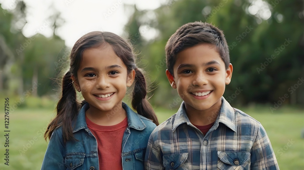 two happy children smiling outdoors in a natural park setting two happy children smiling outdoors in a natural park setting