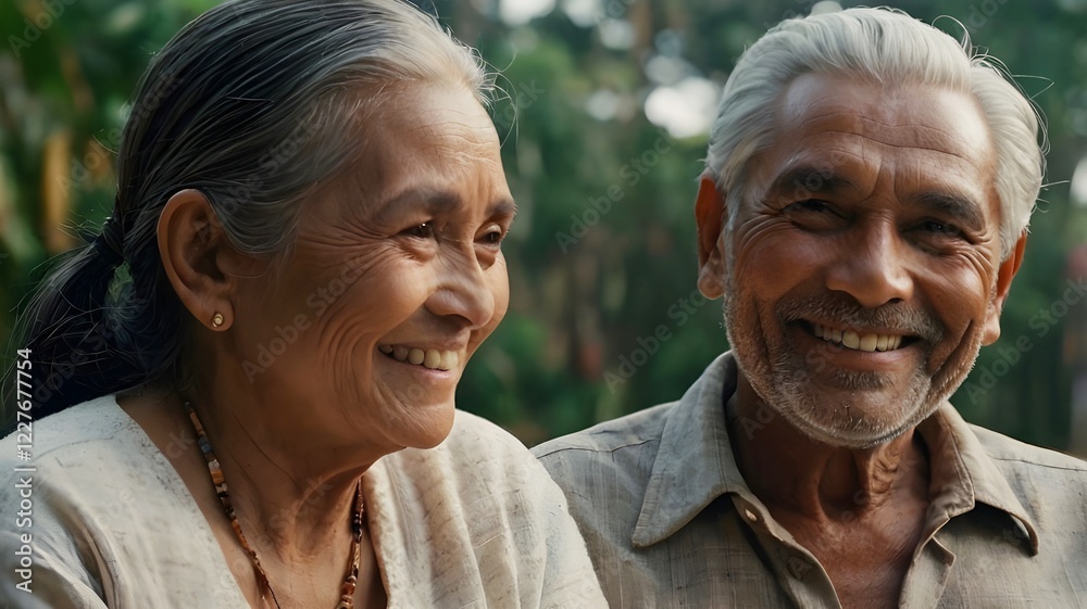 elderly couple smiling happily outdoors, enjoying nature and companionship in their golden years elderly couple smiling happily outdoors, enjoying nature and companionship in their golden years
