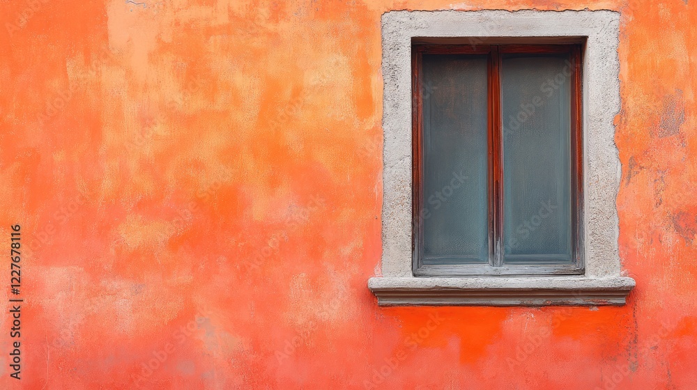 Vibrant orange red cement wall with textured painted finish featuring a decorative window frame and glass panes. Vibrant orange red cement wall with textured painted finish featuring a decorative window frame and glass panes.