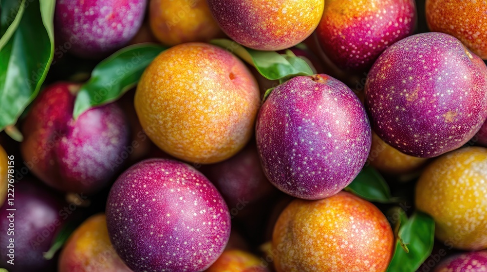 Vibrant assortment of ripe passion fruits and plums amidst lush green leaves showcasing the beauty of fruit cultivation in an orchard setting Vibrant assortment of ripe passion fruits and plums amidst lush green leaves showcasing the beauty of fruit cultivation in an orchard setting