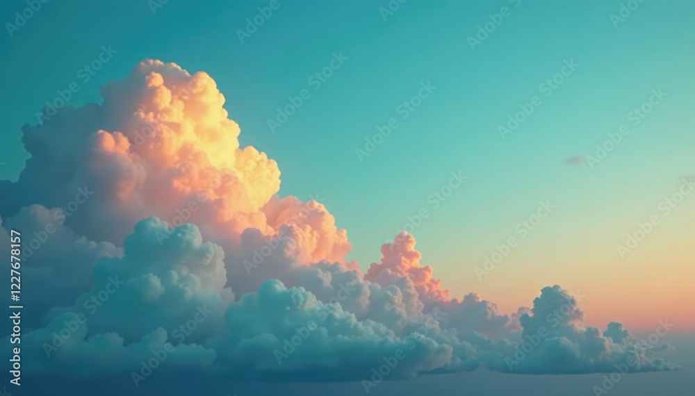 Softly lit clouds against a blue green sky at dusk, warm, gentle Softly lit clouds against a blue green sky at dusk, warm, gentle