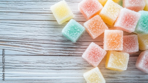 Colorful sugar cubes scattered on a light grey wooden background with ample empty space for creative text or design elements. photo