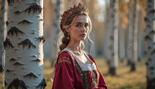 Russian woman in traditional dress by birch tree, cultural, reflective, photorealistic photo