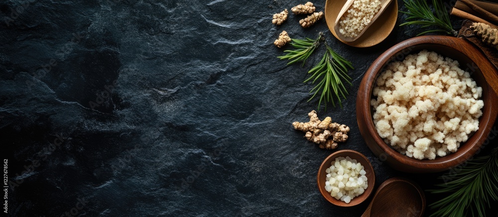 Herbal spa treatment with natural ingredients on dark stone background for wellness and relaxation copy space in therapeutic composition Herbal spa treatment with natural ingredients on dark stone background for wellness and relaxation copy space in therapeutic composition
