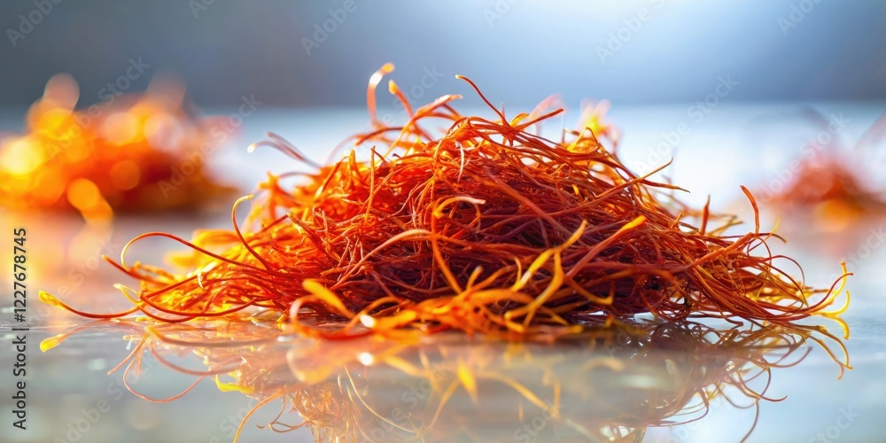 Naklejka premium Softly glowing saffron threads suspended in a gelatinous substance, vibrant, ambient light, texture