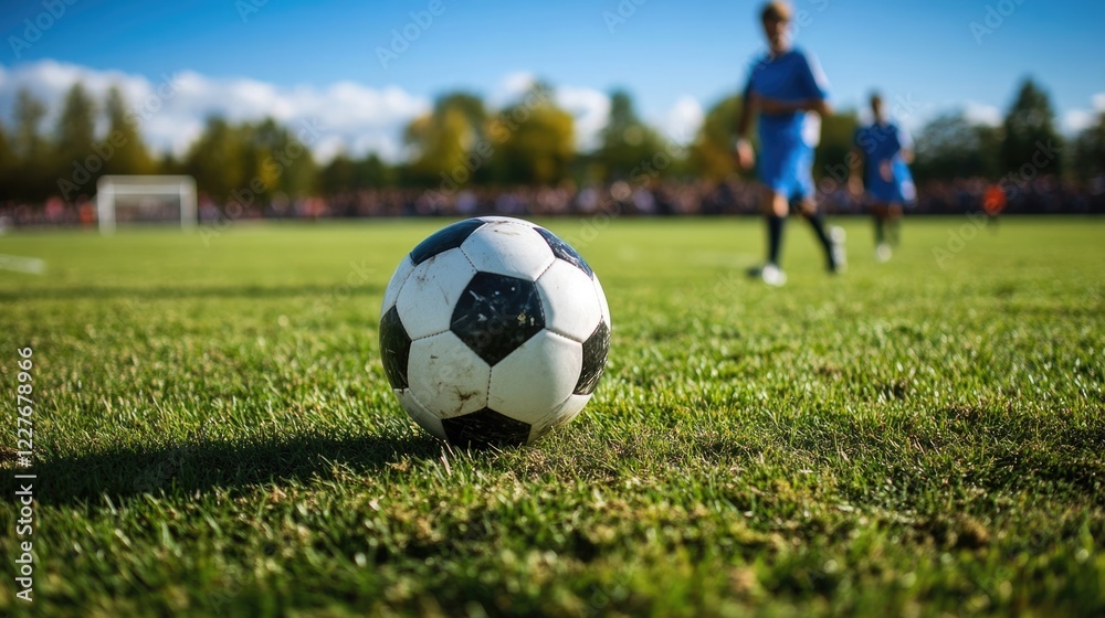 Obraz premium Player kicking soccer ball on a vibrant field with enthusiastic fans in the background capturing the spirit of a competitive football match
