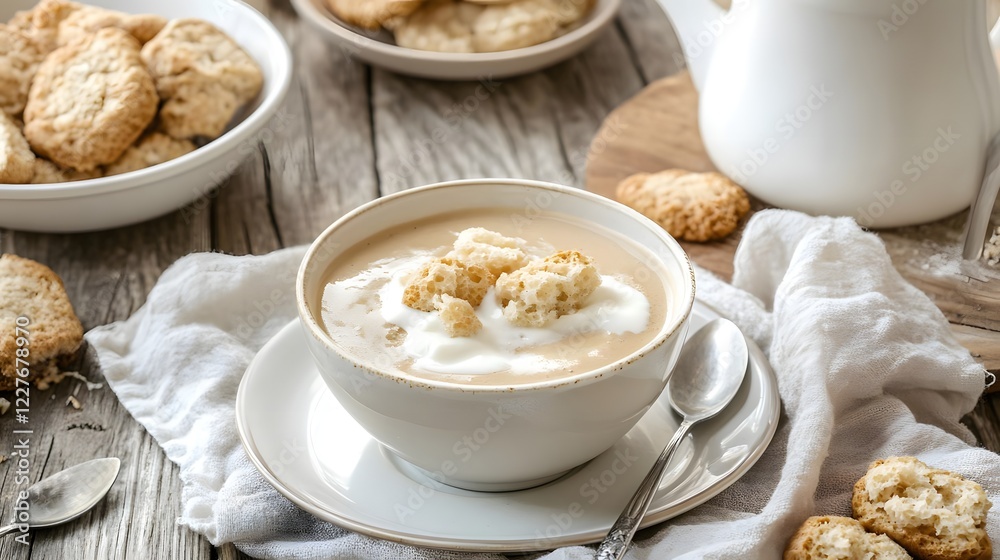 A bowl of creamy soup topped with crumbled biscuits, surrounded by more biscuits and a milk jug. A bowl of creamy soup topped with crumbled biscuits, surrounded by more biscuits and a milk jug.