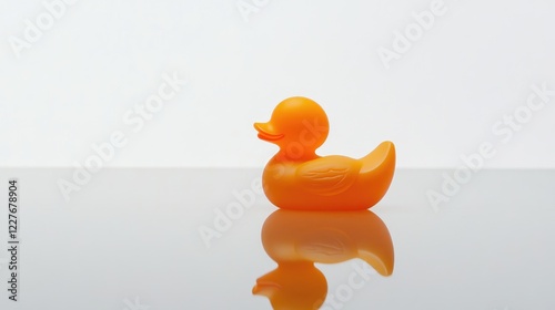 Vibrant orange rubber duck isolated on white background showcasing reflective details for playful and fun imagery. photo