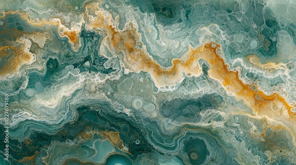 Obraz premium Abstract image of swirling teal, gold, and white marble texture. Veins of color create a dynamic pattern. High resolution image ideal for design