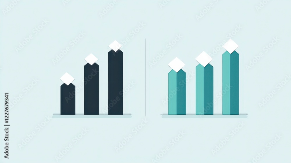 Abstract graphic illustration of two sets of ascending bar charts, one in dark teal and the other in lighter teal, each with small white peak icons Abstract graphic illustration of two sets of ascending bar charts, one in dark teal and the other in lighter teal, each with small white peak icons
