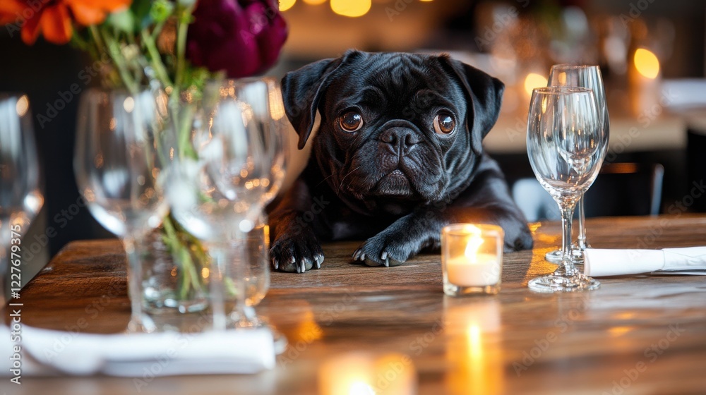 Obraz premium A cute black pug sits patiently at a table set for a romantic dinner, waiting for its treat.