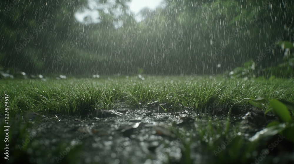 Fototapeta premium Heavy rainfall sprinkling over lush green grass nature scene close-up view tranquil environment refreshing atmosphere for eco-friendly content