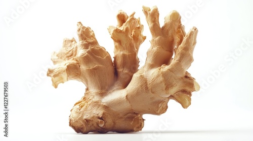 Organic Ginger Root Displayed on White Background with Natural Texture and Detail photo