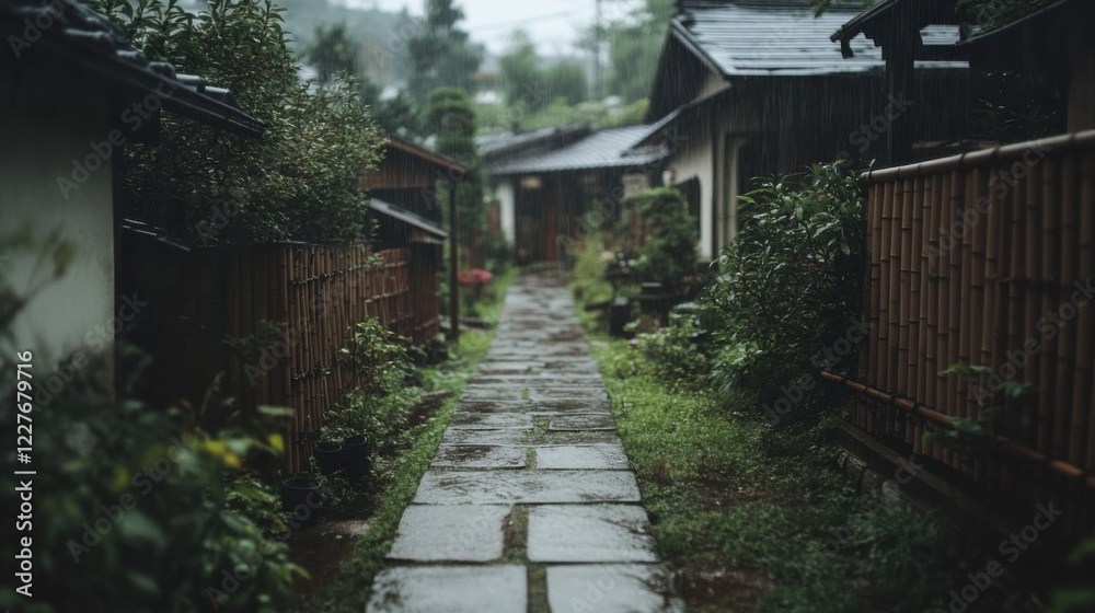 Rainy evening walk traditional japanese village serene environment ground level view tranquility amidst nature Rainy evening walk traditional japanese village serene environment ground level view tranquility amidst nature