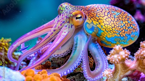 A vivid coral reef scene featuring a playful squid navigating among colorful marine life