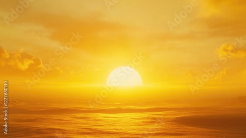 Serene sunset with vibrant yellow sun and warm orange sky providing soothing atmosphere and ample space for text overlay in the composition