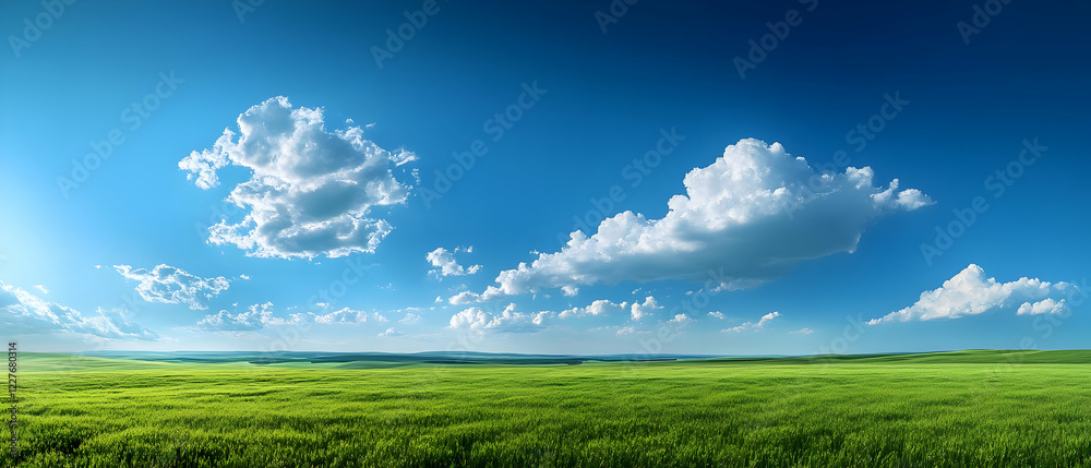 Fototapeta premium Sunny field, blue sky, cloudscape, idyllic nature