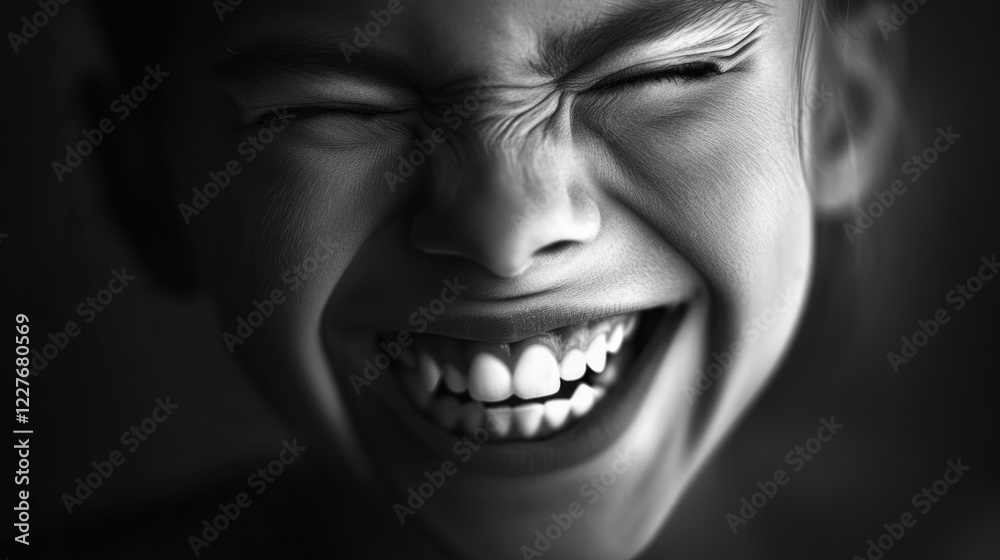 Joyful close-up portrait of a child laughing, capturing genuine happiness and expressions of delight in monochrome tones. Joyful close-up portrait of a child laughing, capturing genuine happiness and expressions of delight in monochrome tones.