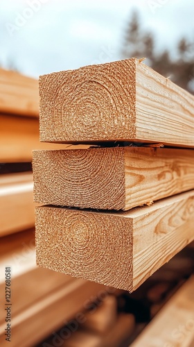 Stacked Lumber Beams in Outdoor Construction Yard photo