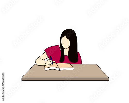 girl writing a book on a table isolated on white background