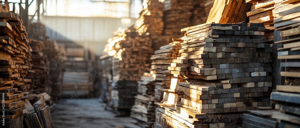 Obraz premium Stacked lumber in warehouse interior