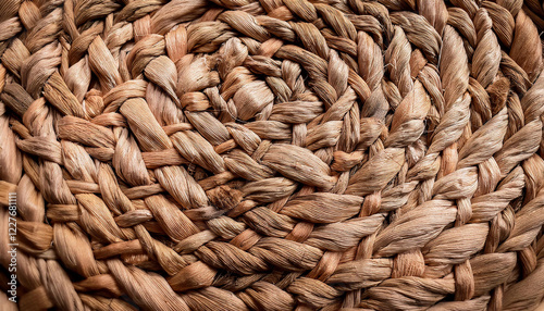 A close-up of a woven basket, highlighting the intricate interlacing of natural fibers and rough texture, showcasing craftsmanship and rustic beauty. Background