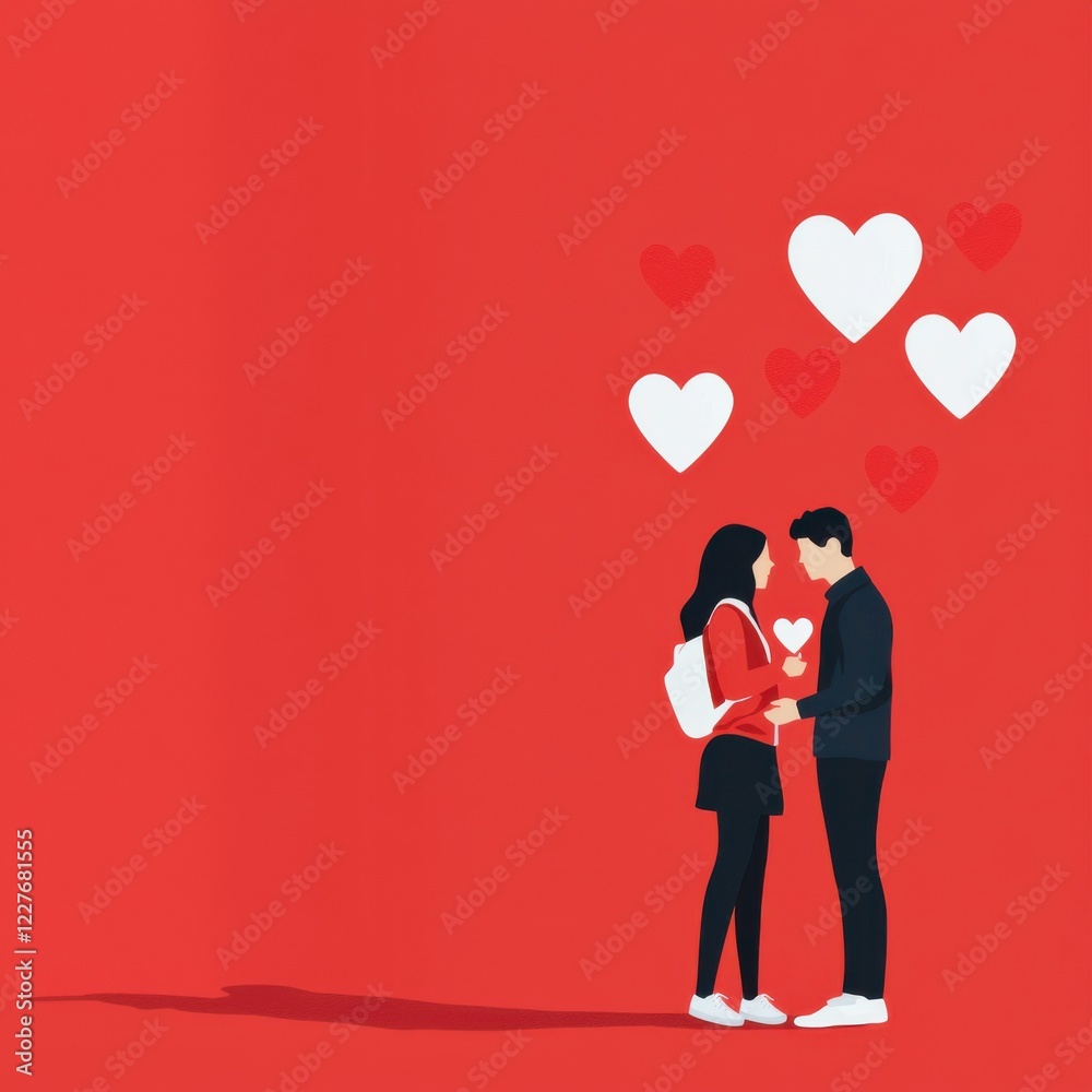 A couple stands close together against a red background, surrounded by floating heart shapes, symbolizing love and connection. A couple stands close together against a red background, surrounded by floating heart shapes, symbolizing love and connection.