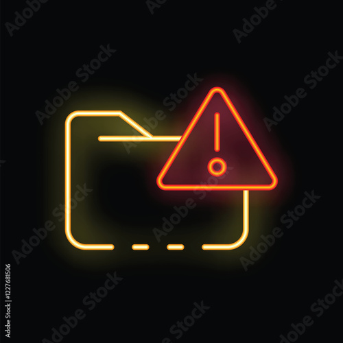Neon folder icon is glowing with a warning sign, signaling potential issues or attention needed
