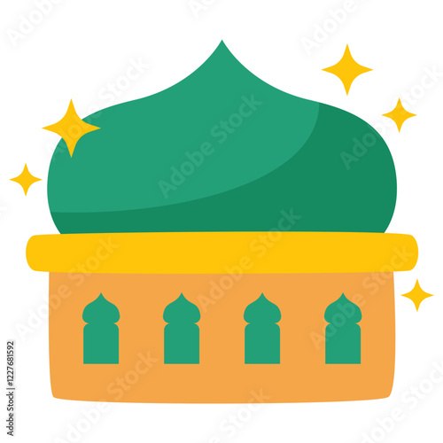 Green Dome Icon: This captivating illustration depicts a mosque with a distinctive green dome and decorative stars. It's a symbolic representation of a place of worship, conveying a sense of serenity.