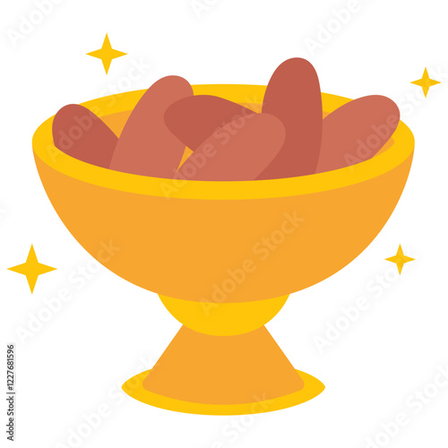 Golden Bowl of Dates: An elegantly stylized image of a golden bowl overflowing with sweet, succulent dates. Embellished with sparkling stars.