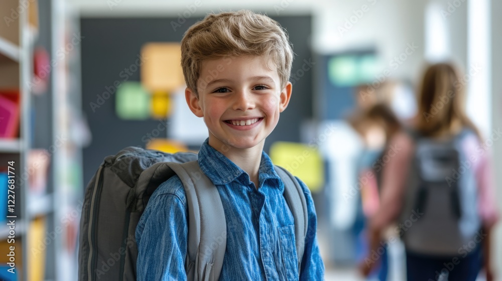 Cheerful young boy with backpack smiling at school in bright educational environment surrounded by classmates. Cheerful young boy with backpack smiling at school in bright educational environment surrounded by classmates.