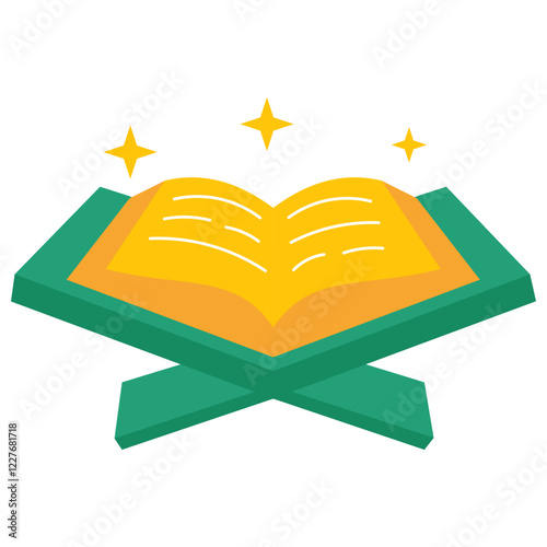 Quran illustration: A radiant illustration of the Quran, its pages aglow, rests upon a traditional Rehal. The image embodies the depth of religious text.