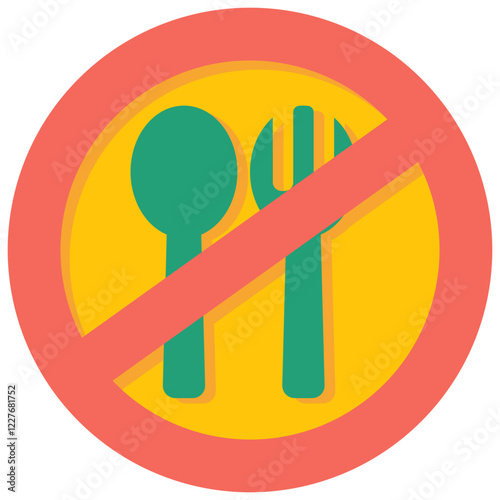 No Food Allowed: A clear and concise prohibition sign, showcasing a spoon and fork crossed out within a red circle, clearly indicating that food is not permitted in the designated area.