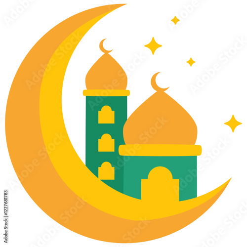 Enchanting Islamic Imagery: An illustration of a crescent moon cradles a mosque, embodying the essence of faith and cultural beauty, with radiating star accents.